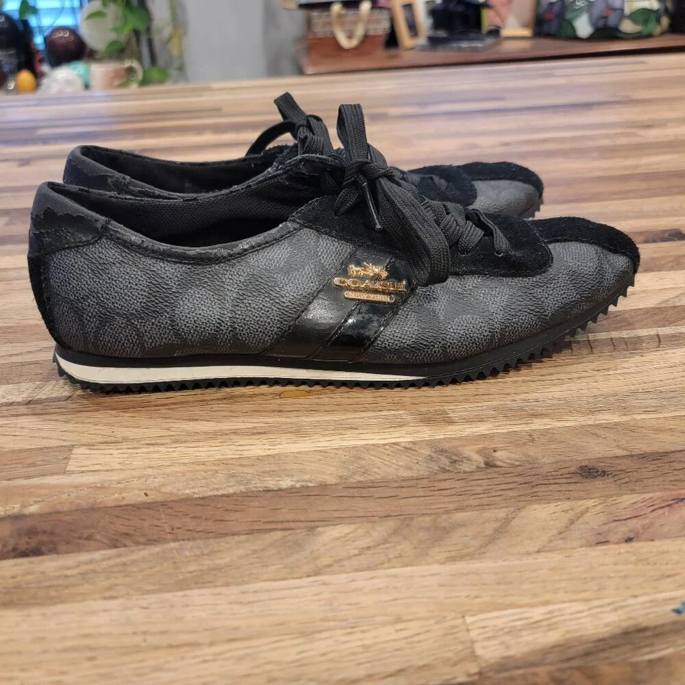 COACH Signature IVY Leather Trainer Black Sneakers Laced Shoes